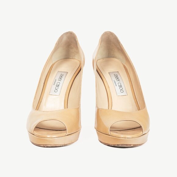 Jimmy Choo Luna Tan Patent-Leather Peep-Toe Platform Pumps - Picture 2 of 9